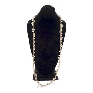 Long Goldtone Faux Pearl & Crystal Cluster Beaded Necklace